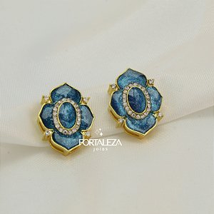 Brinco Flor com Resina e Zircônia Cristal Banhado a Ouro 18k
