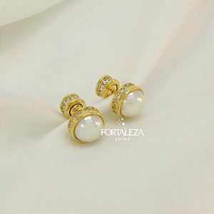 Brinco Ear Jacket de Pérola e Zircônia Banhado a Ouro 18k