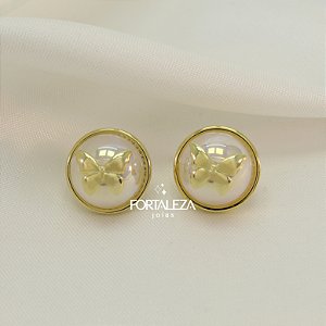 Brinco de Pérola Furta-cor com Borboleta Banhado a Ouro 18k
