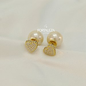 Brinco Ear Jacket de Coração Cravejado Banhado a Ouro 18k