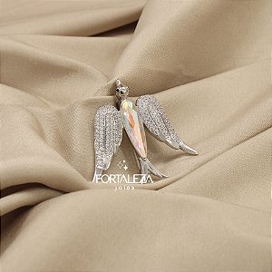 Broche Pássaro Cravejado em Zircônias Banhado a Ouro Branco