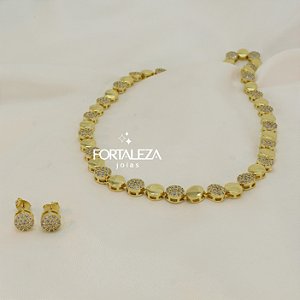 Conjunto Bola Polida e Cravejada Banhado a Ouro 18k