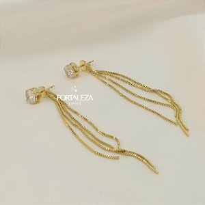 Brinco Ear Jacket Ponto de Luz e Franja Banhado a Ouro 18k