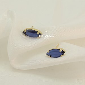 Brinco Navete com Zircônia Turmalina Azul Banhado a Ouro 18k