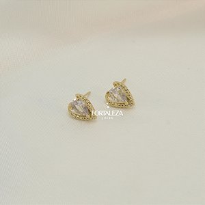 Brinco Coração Texturizado com Zircônia Banhado a Ouro 18k