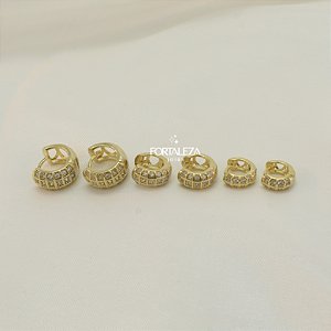 Brinco Argola em Trio Cravejado e Banhado a Ouro 18k