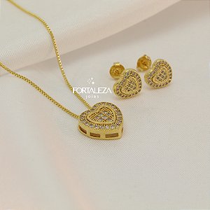 Conjunto de Coração Cravejado em Zircônia Banhado a Ouro 18k