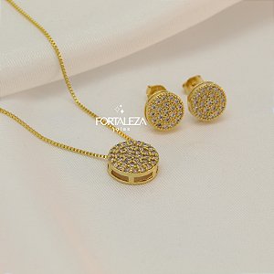 Conjunto Cravejado em Zircônia Cristal Banhado a Ouro 18k
