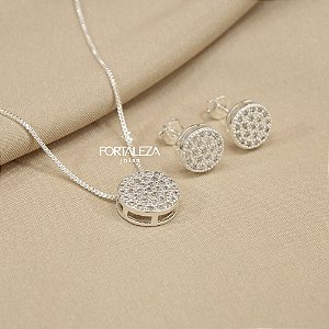 Conjunto Cravejado em Zircônia Cristal Banhado a Prata