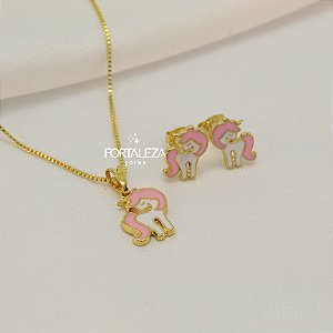 Conjunto Unicórnio Resinada Banhado a Ouro 18k