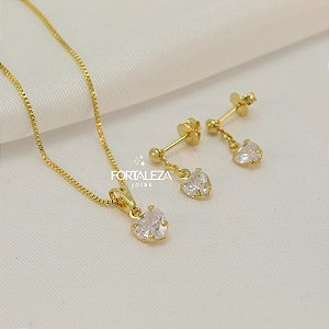 Conjunto Coração de Zircônia Cristal Banhado a Ouro 18k