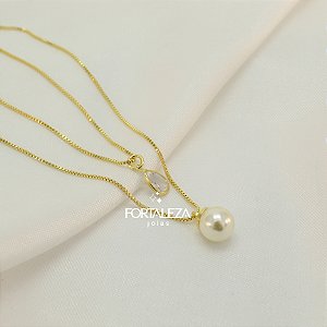 Gargantilha Dupla Pérola e Gota Zircônia Banhado a Ouro 18k