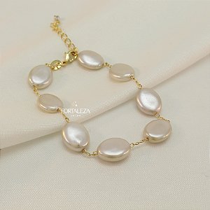 Pulseira de Pérola Botão Banhado a Ouro 18k