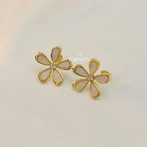 Brinco de Flor com Resina e Ponto de Luz em Zircônia Banhado a Ouro 18k