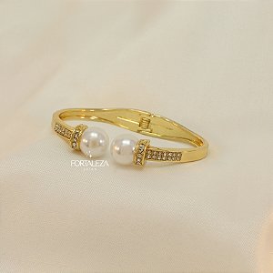 Bracelete com Detalhe de Zircônia e Pérola Dupla Banhado a Ouro 18k