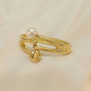 Bracelete com Detalhe de Aro Duplo e Pérola Banhado a Ouro 18k