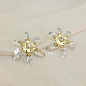 Brinco Quatro em Um Flor com Zircônia Banhado a Prata e Ouro 18k