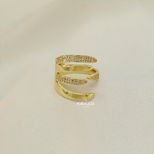 Anel Regulável de Garras com Detalhe de Zircônia Banhado a Ouro 18k