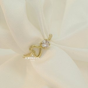 Anel Coração Vazado com Detalhe de Zircônia Banhado a Ouro 18k