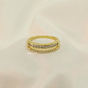 Anel com Aro Duplo Cravejado em Zircônia Banhado a Ouro 18k