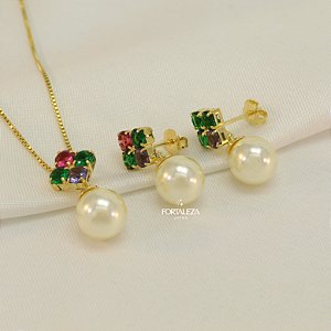 Conjunto com Zircônias Coloridas e Pérola Banhado a Ouro 18k