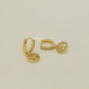Brinco Argola com Pingente Árvore da Vida Banhado a Ouro 18k