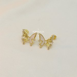 Brinco Borboleta com Resina e Zircônia Banhado a Ouro 18k