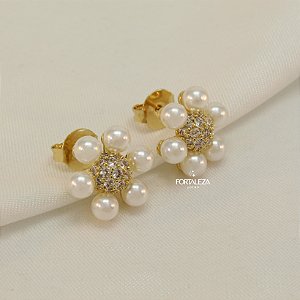 Brinco de Pérolas Cravejado Banhado a Ouro 18k
