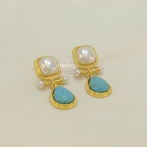 Brinco de Pérola Quadrada e Pingente Gota de Pedra Turquesa Banhado a Ouro 18k
