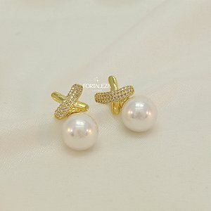 Brinco Pérola com X Cravejado Banhado a Ouro 18k