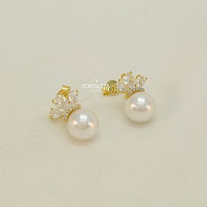 Brinco de Pérola com Detalhes Cravejados Banhado a Ouro 18k