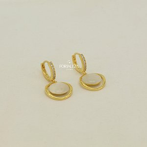 Brinco Argola Cravejada com Pingente Pedra Lua Banhado a Ouro 18k