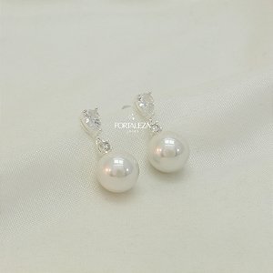 Brinco Clássico de Gota com Zircônia Cristal e Pérola Banhado a Prata