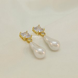 Brinco de Pérola Barroca e Zircônia Quadrada Banhado a Ouro 18k