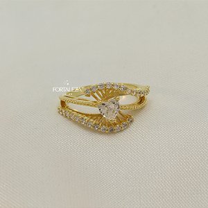 Anel Coração Trabalhado em Zircônia Banhado a Ouro 18k