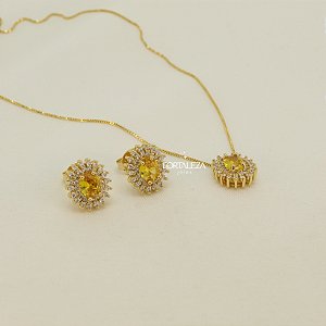 Conjunto de Girassol Cravejado com Zircônia Citrino Banhado a Ouro 18k