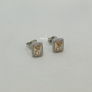 Brinco Quadrado com Zircônia Cristal Banhado a Ouro Branco
