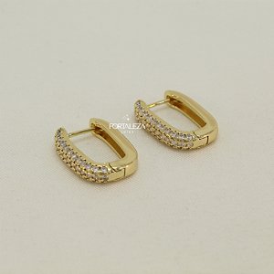 Brinco Argola Oval Cravejado Banhado a Ouro 18k