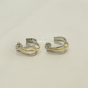 Brinco Argola de Aros Triplos Entrelaçados em Tons Mistos Banhado a Ouro 18k