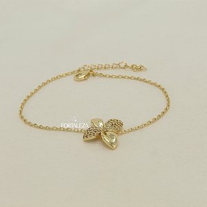 Pulseira de Quatro Pétalas  Cravejada com Zircônias Cristal Banhado a Ouro 18k
