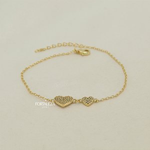 Pulseira com Duplo Coração Cravejado Banhado a Ouro 18k