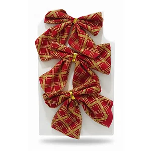 Kit 3 Laços Decorativos de Natal Xadrez Vermelho e Dourado (13x18cm)