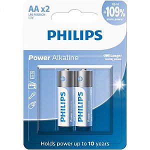 Pilha AA Alcalina 1.5V LR6 Philips - Pack Com 2 Unidades