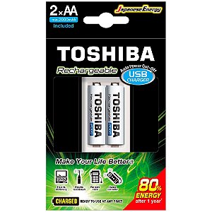 Kit Carregador de Pilhas AA/AAA Usb + 2 pilhas AA 2000mAh - Toshiba