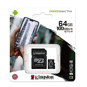Cartão De Memória Micro SD 64GB Classe 10 - Kingston Canvas Select Plus
