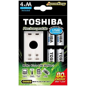 Kit Carregador de Pilhas AA/AAA Usb + 4 pilhas AA 2000mAh - Toshiba