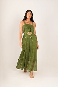 Vestido Folhas alça  de canutilho dourado