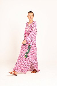 Vestido Emanuelle listras floral bordado cereja