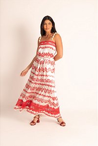 Vestido tecido estampa rendas com bolas de madeira