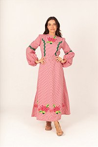 Vestido vichy Lilly bordado com cinto vermelho
